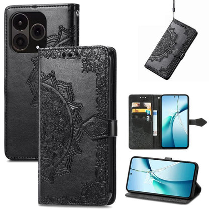 Black embossed mandala leather phone case with flip cover, strap, and camera cutouts