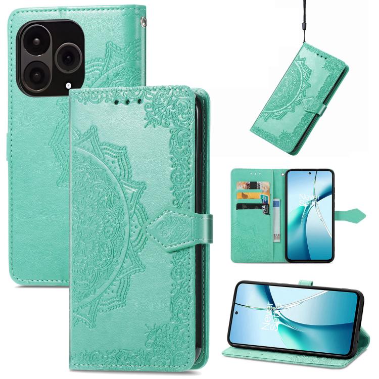 Green embossed mandala leather phone case with flip cover and card slots