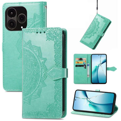 Green embossed mandala leather phone case with flip cover and card slots