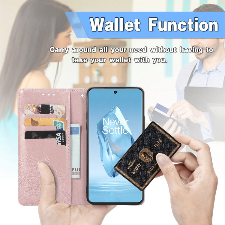 Rose gold mandala embossed phone wallet case with card slots and phone viewing stand