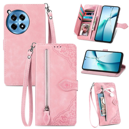 Pink embossed flower zipper leather phone case with wrist strap and card holder