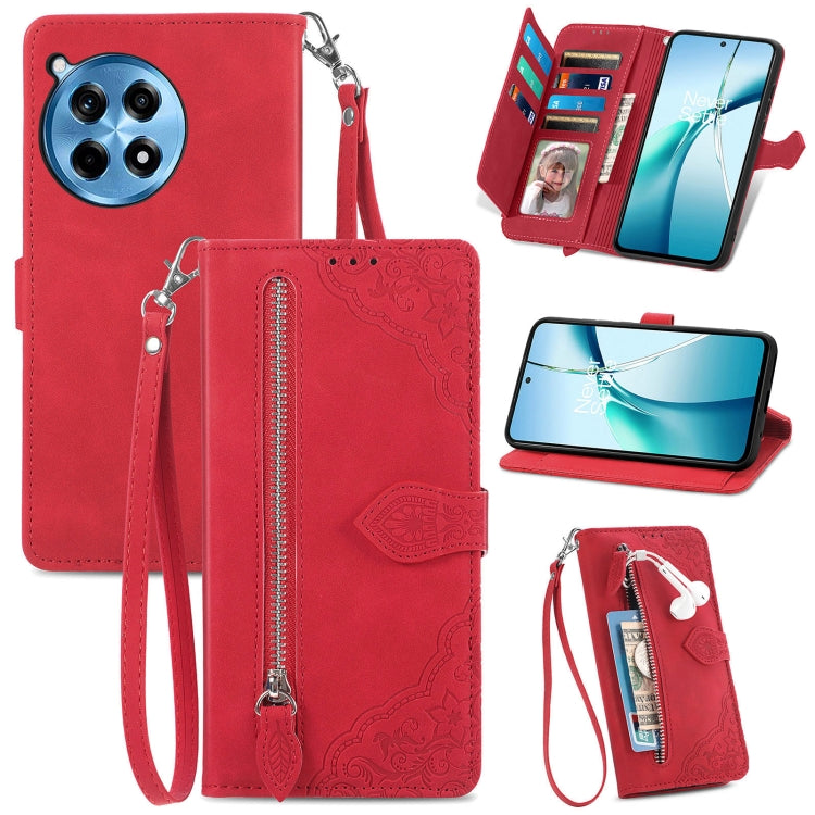 Red embossed flower zipper leather phone case with wrist strap and card slots