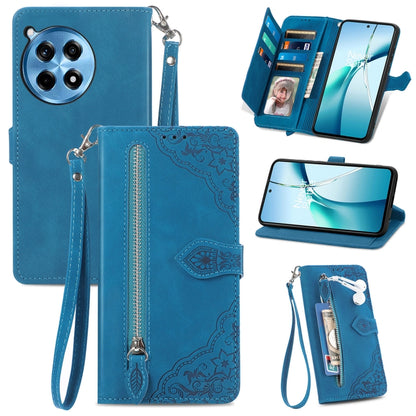 Blue embossed flower zipper leather phone case with wrist strap and card slot