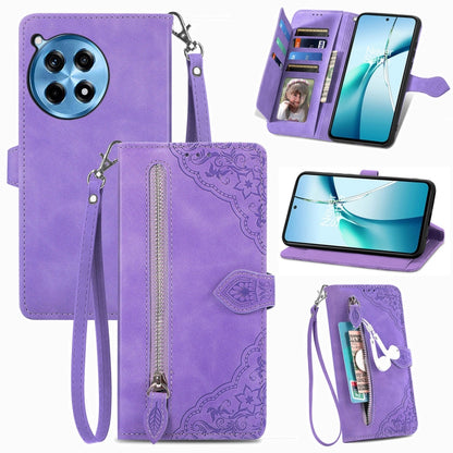 Purple embossed flower zipper leather phone case with wrist strap and card holder