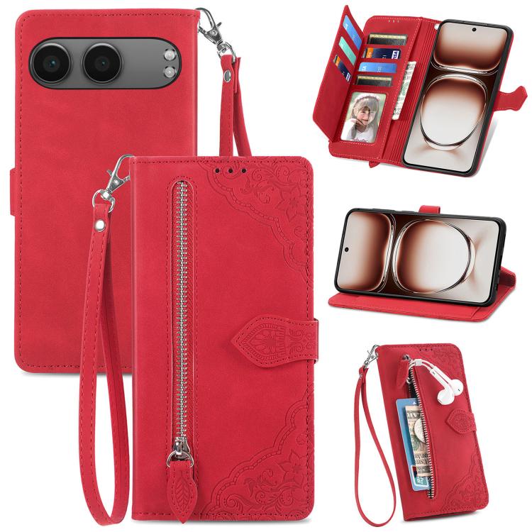 Red embossed flower zipper leather phone case with wrist strap and card holder