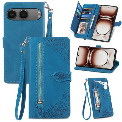 Blue embossed flower zipper leather phone case with wrist strap and card slot