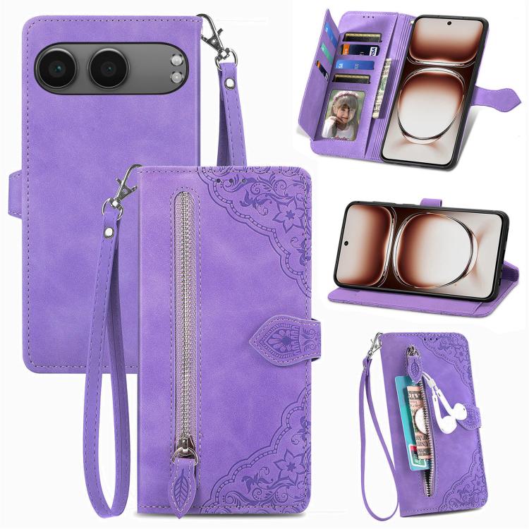 Purple embossed flower zipper leather phone case with wrist strap and card holder