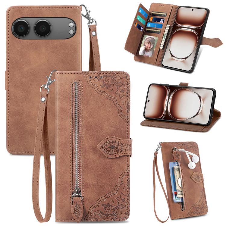 Brown embossed flower zipper leather phone case with wrist strap and card slots