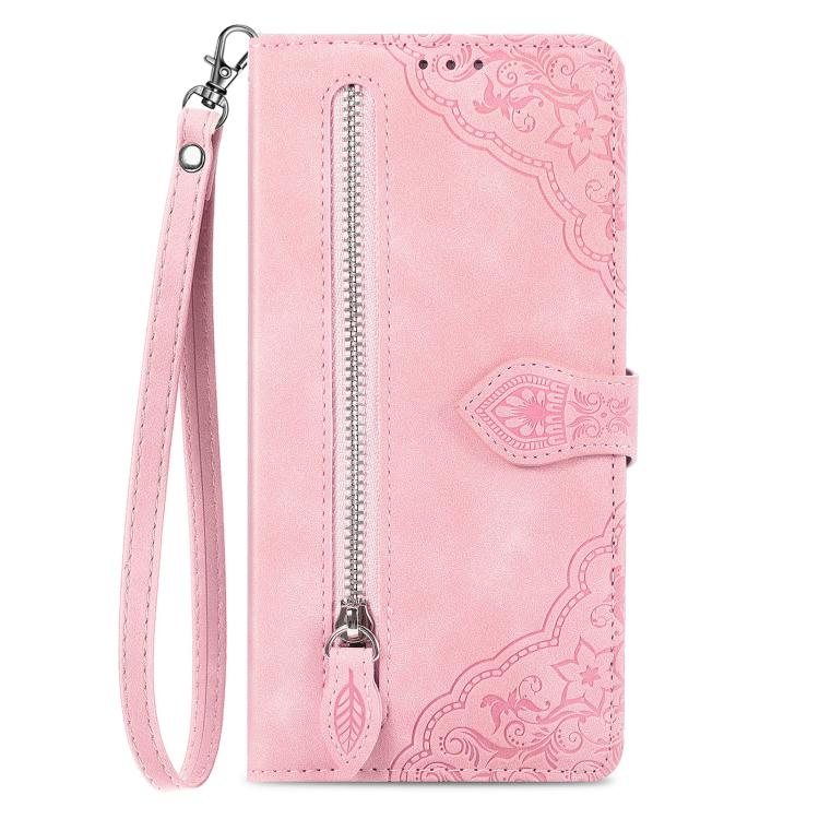 Pink leather wallet phone case with embossed floral design and long center zipper