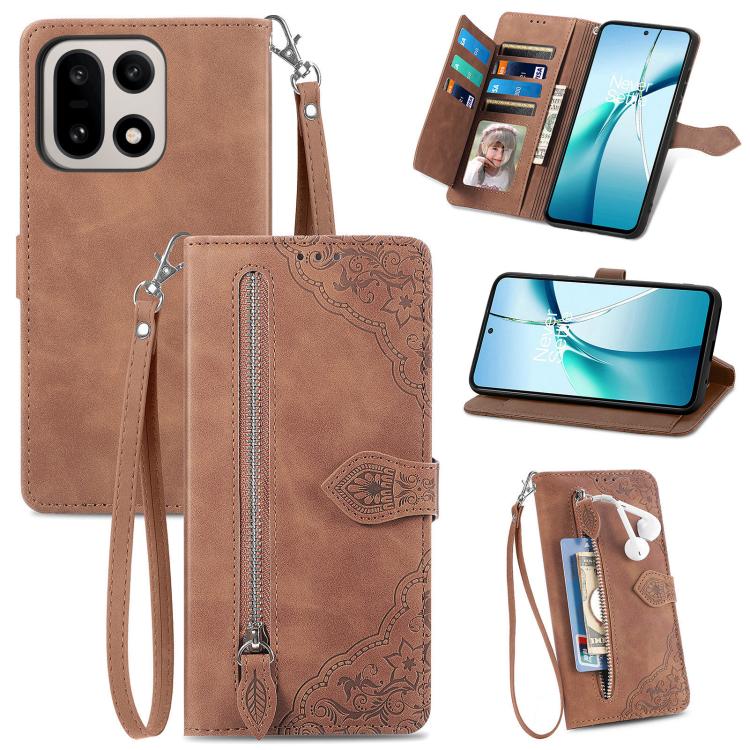 Brown embossed flower zipper leather phone case with wrist strap and card slots