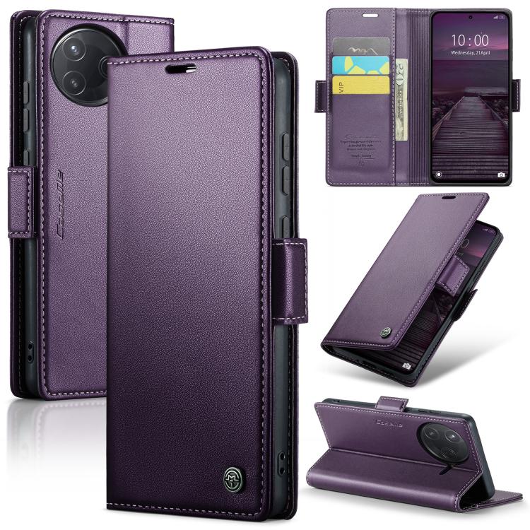 Purple litchi-texture leather wallet phone case with magnetic flip and card slots