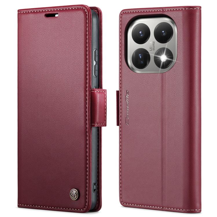 Burgundy red leather flip phone case with textured finish and magnetic strap buckle
