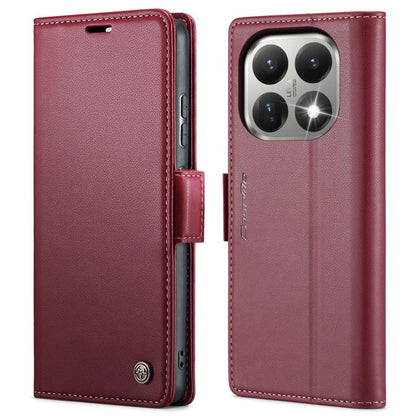Burgundy red leather flip phone case with textured finish and magnetic strap buckle