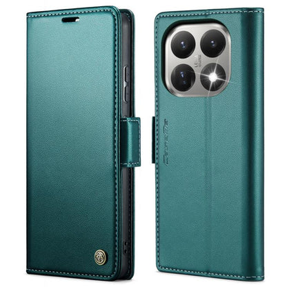 Teal leather wallet phone case with magnetic strap and stitched edges, dual-sided view