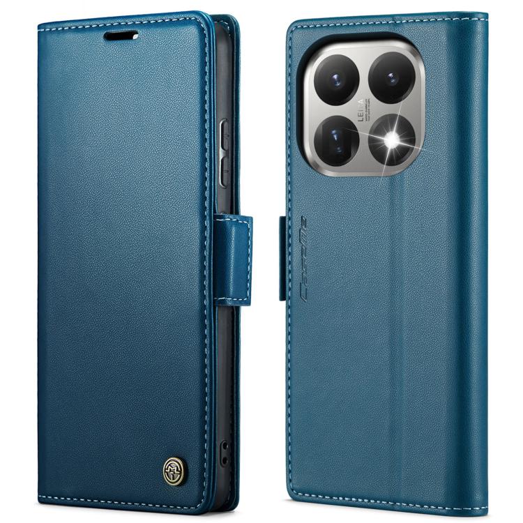 Blue leather wallet phone case with magnetic strap and stitched edges, front and back view