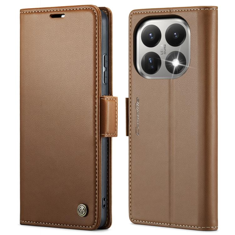 Brown leather wallet phone case with magnetic strap and stitched border, front and back
