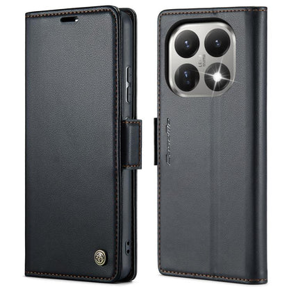 Black leather wallet phone case with magnetic strap and contrast stitching, front and back