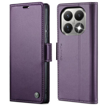 Purple leather wallet phone case with magnetic strap and stitched edges, front and back