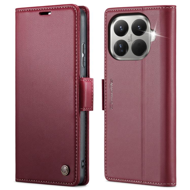 Red leather flip phone case with textured finish and magnetic strap buckle