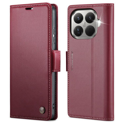 Red leather flip phone case with textured finish and magnetic strap buckle