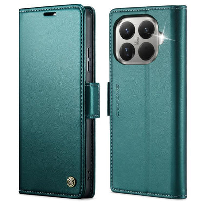 Teal leather flip phone case with textured finish and magnetic strap buckle
