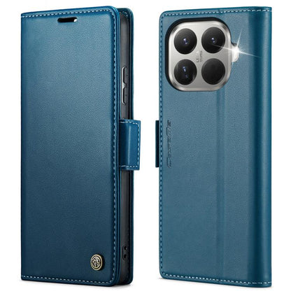 Blue leather flip phone case with textured finish and magnetic strap buckle