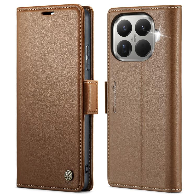 Tan/brown leather flip phone case with textured finish and magnetic strap buckle