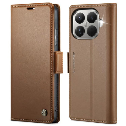 Tan/brown leather flip phone case with textured finish and magnetic strap buckle