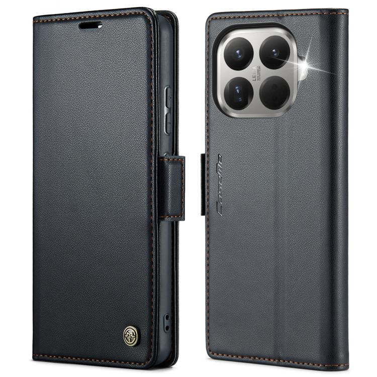 Dark gray leather flip phone case with textured finish and magnetic strap buckle
