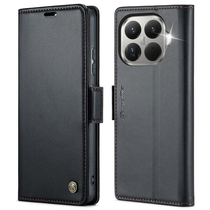 Dark gray leather flip phone case with textured finish and magnetic strap buckle