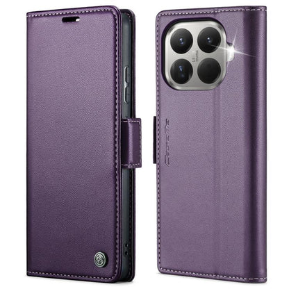 Lavender purple leather flip phone case with textured finish and magnetic strap buckle