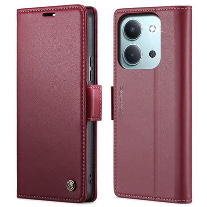 Red leather wallet phone case with magnetic strap and stitched border, front and back
