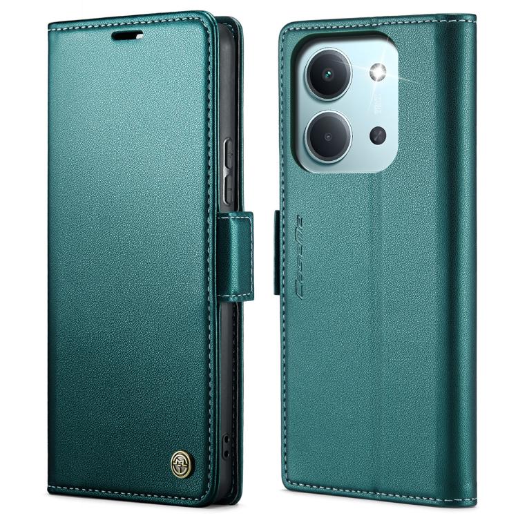 Teal leather wallet phone case with magnetic strap and stitched edges, front and back