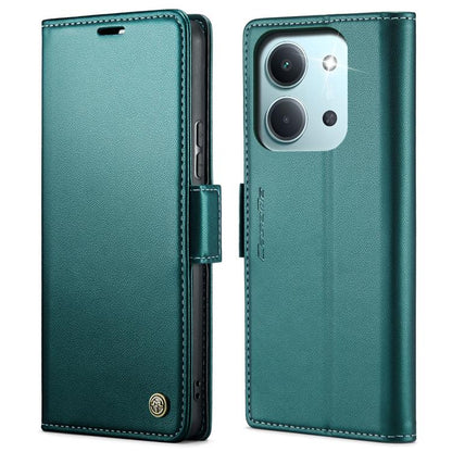 Teal leather wallet phone case with magnetic strap and stitched edges, front and back