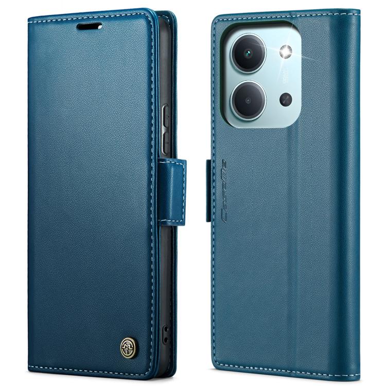 Blue leather wallet phone case with magnetic strap and stitched edges, front and back