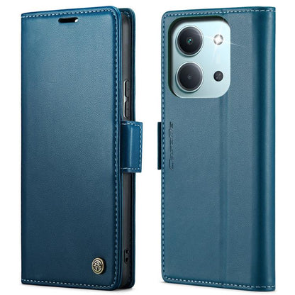 Blue leather wallet phone case with magnetic strap and stitched edges, front and back