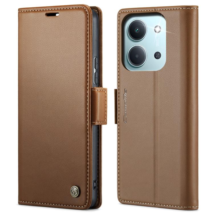 Brown leather wallet phone case with magnetic strap and stitched border, front and back