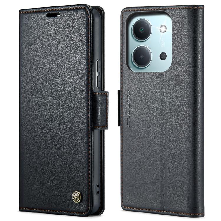Black leather wallet phone case with magnetic strap and contrast stitching, front and back