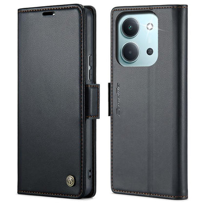 Black leather wallet phone case with magnetic strap and contrast stitching, front and back