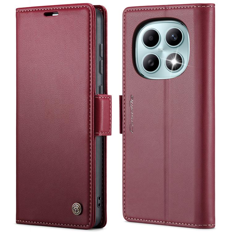 Leather phone case with litchi texture, foldover cover and buckle closure, red