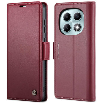 Leather phone case with litchi texture, foldover cover and buckle closure, red