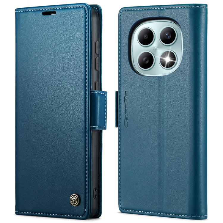 Leather phone case with litchi texture, foldover cover and buckle closure, blue