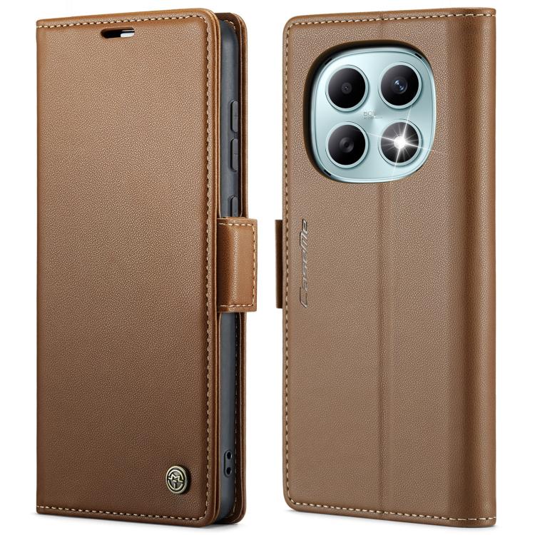Leather phone case with litchi texture, foldover cover and buckle closure, brown