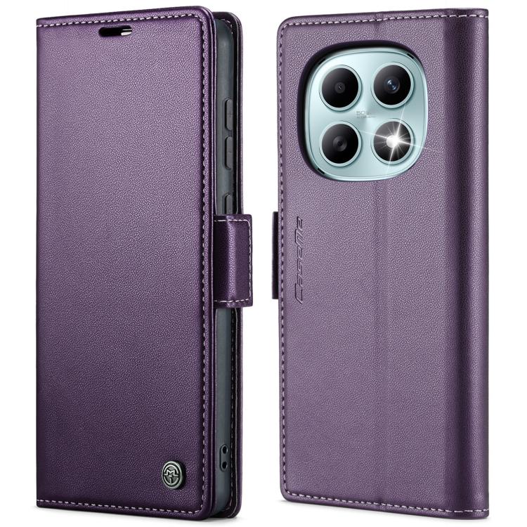Leather phone case with litchi texture, foldover cover and buckle closure, purple