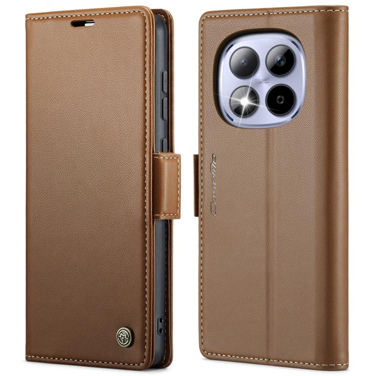 Tan leather phone case with butterfly buckle and camera cutout, front flap open