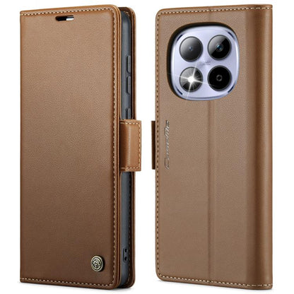 Tan leather phone case with butterfly buckle and camera cutout, front flap open