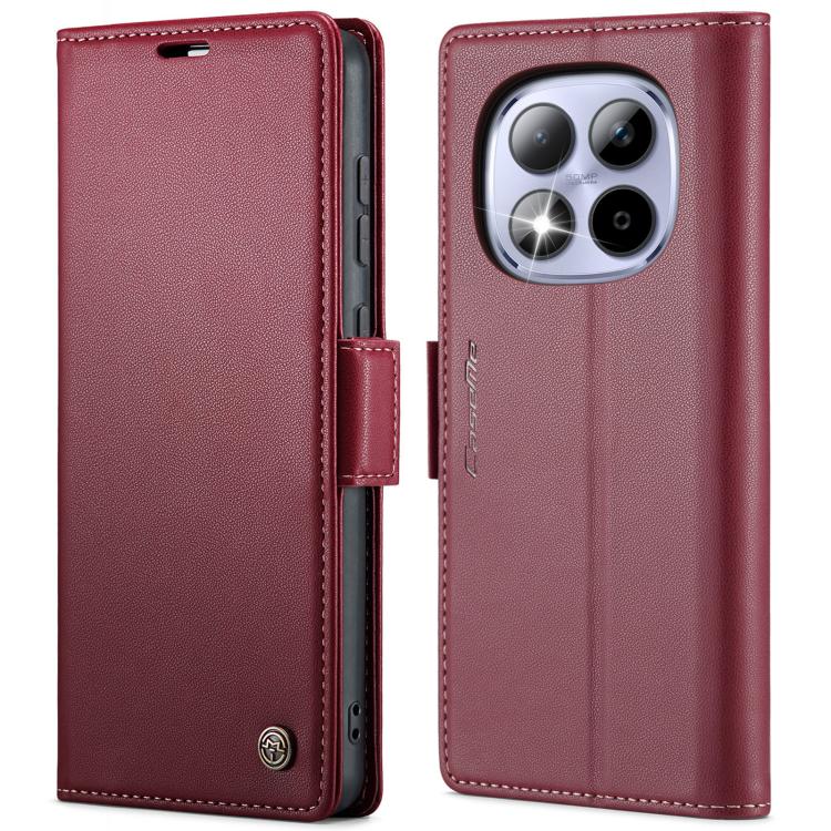 Red textured leather flip phone case with buckle closure and camera cutout