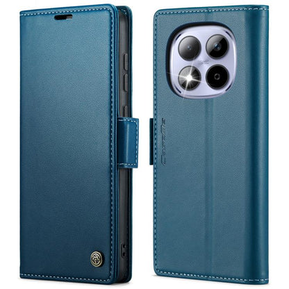 Blue textured leather flip phone case with buckle closure and camera cutout