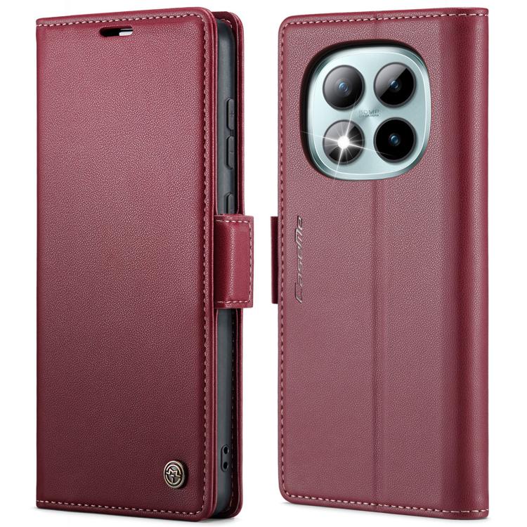 CaseMe litchi-texture leather wallet phone case with flip cover and buckle, red, triple-camera cutout