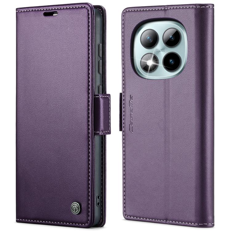 Leather phone case with litchi texture, foldover cover and buckle closure, purple